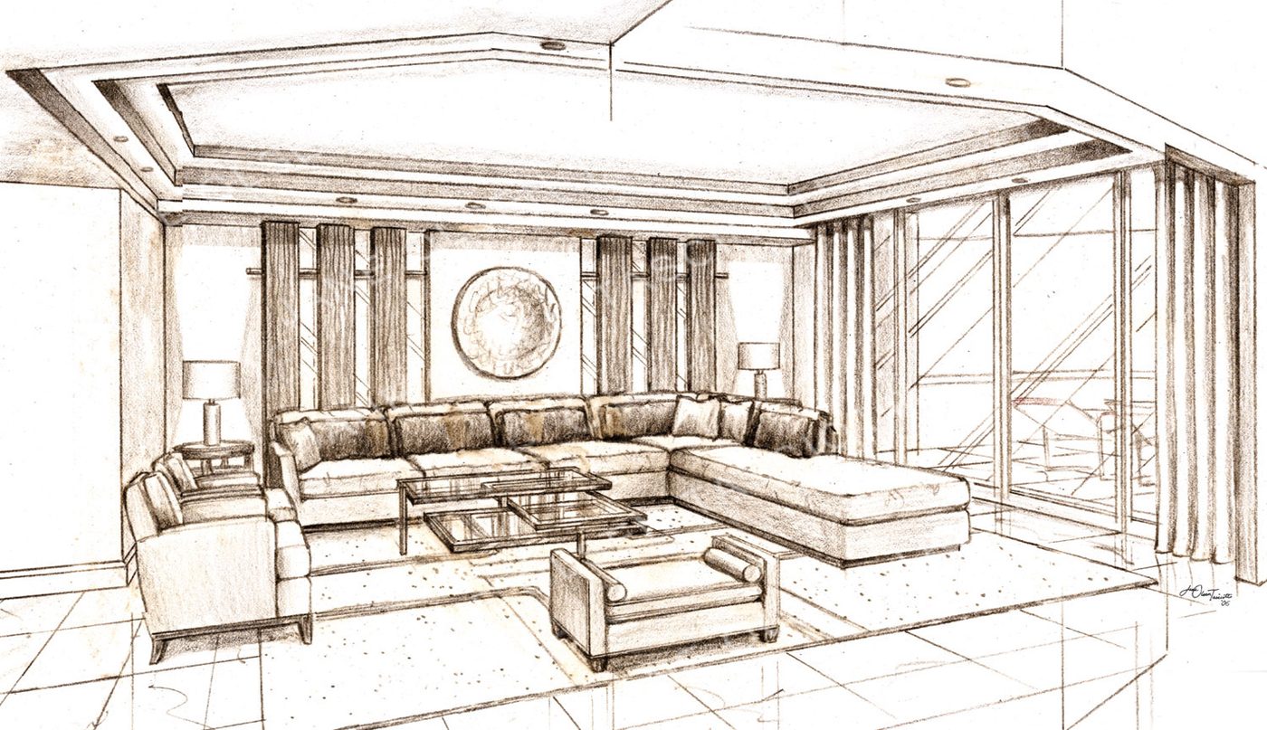 Sepia pencil rendering of a contemporary living room with a curved sofa